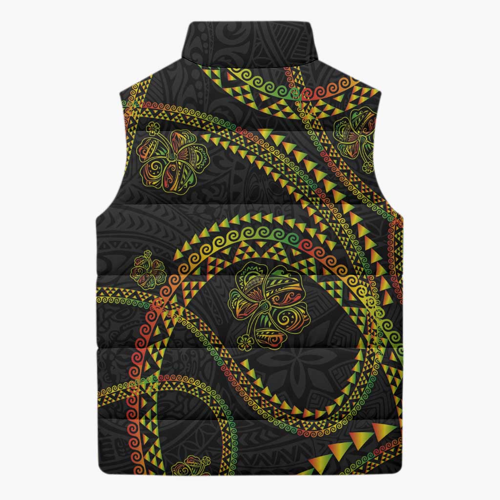 Hawaiian Kakau Art and Hisbiscus Tattoo Sleeveless Puffer Jacket Tribal Pattern-Reggae Style LT03 - Polynesian Pride