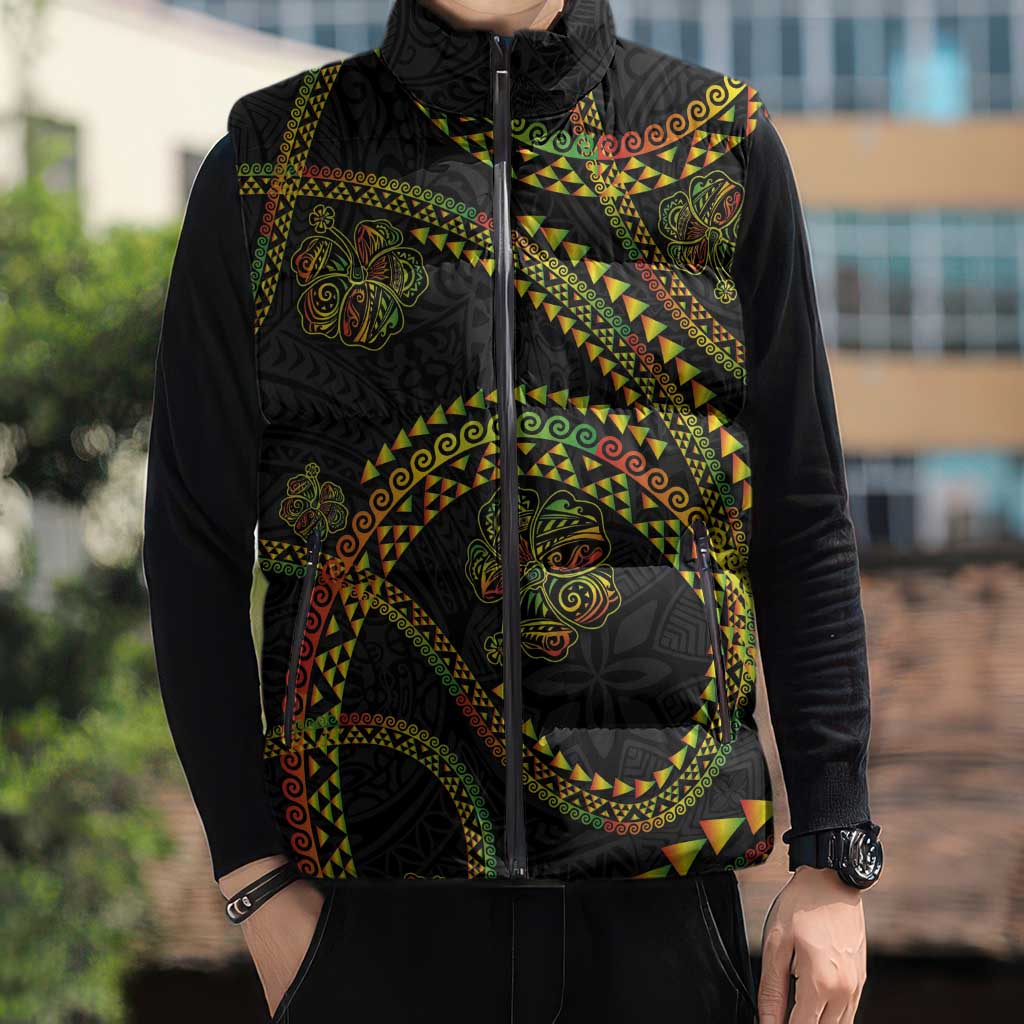 Hawaiian Kakau Art and Hisbiscus Tattoo Sleeveless Puffer Jacket Tribal Pattern-Reggae Style LT03 - Polynesian Pride