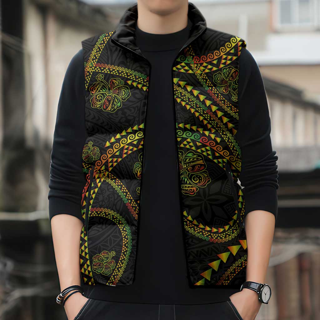 Hawaiian Kakau Art and Hisbiscus Tattoo Sleeveless Puffer Jacket Tribal Pattern-Reggae Style LT03 - Polynesian Pride