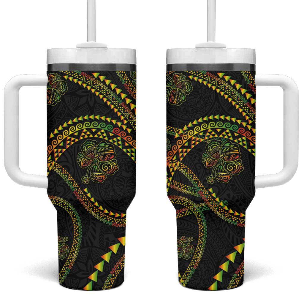 Hawaiian Kakau Art and Hibiscus Tattoo Tumbler With Handle Tribal Pattern-Reggae Style LT03 One Size: 40 oz Black - Polynesian Pride