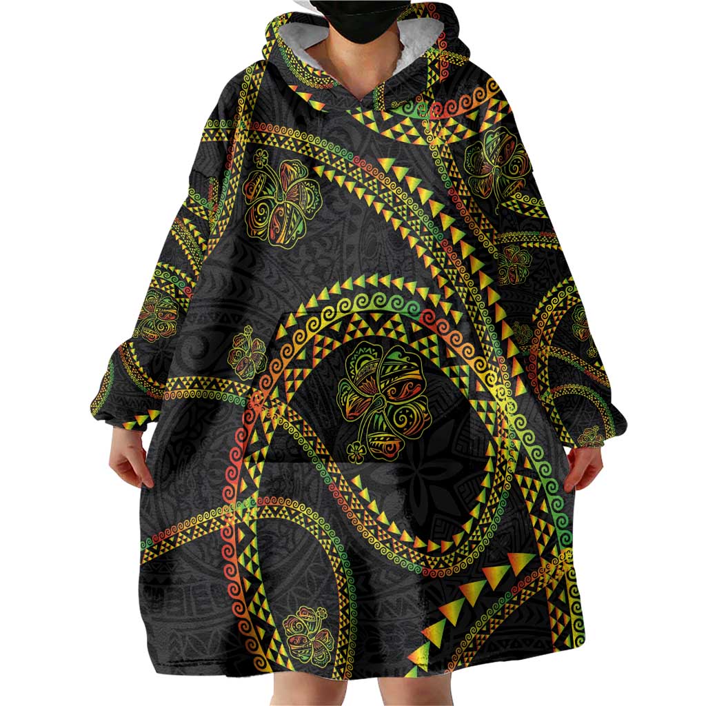 Hawaiian Kakau Art and Hibiscus Tattoo Wearable Blanket Hoodie Tribal Pattern-Reggae Style LT03 - Polynesian Pride