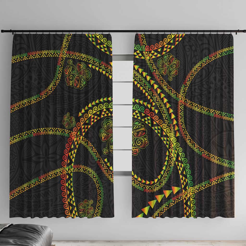 Hawaiian Kakau Art and Hisbiscus Tattoo Window Curtain Tribal Pattern-Reggae Style LT03 With Hooks Black - Polynesian Pride