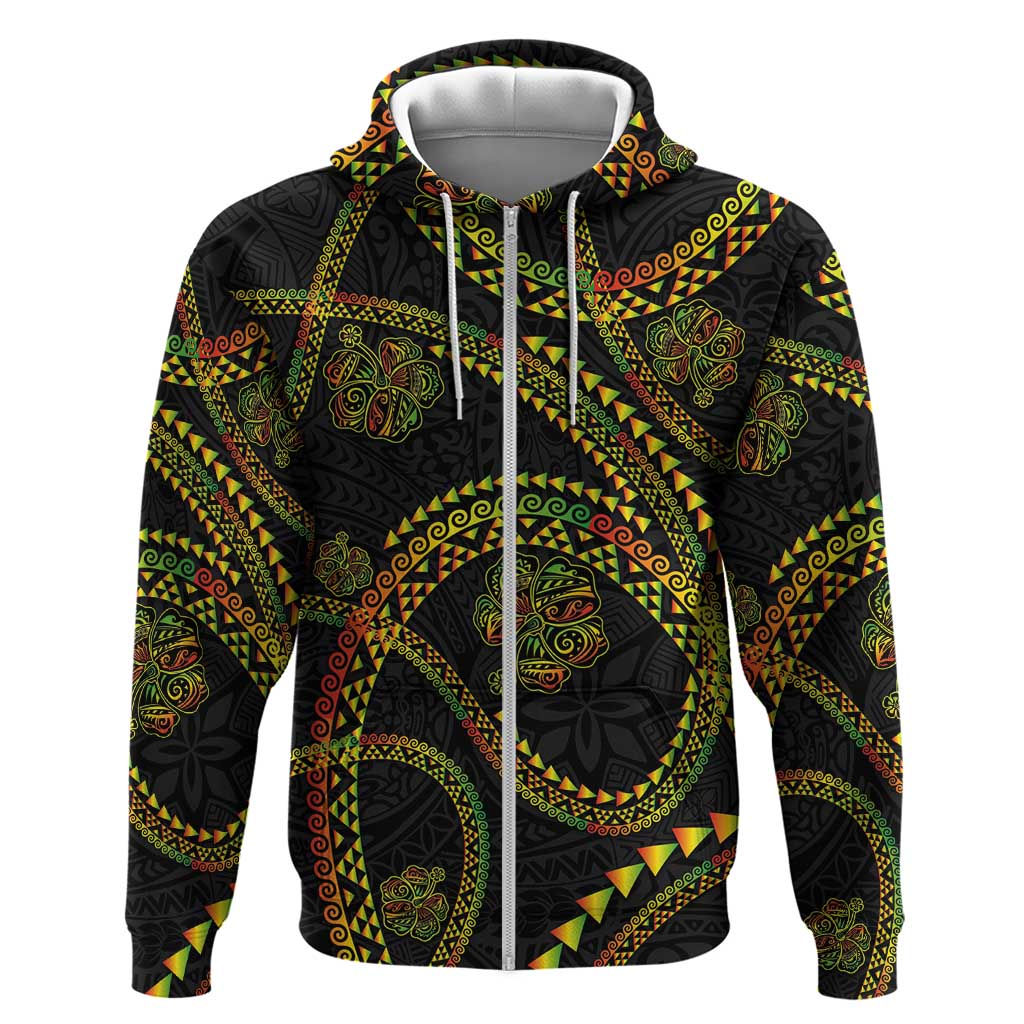 Hawaiian Kakau Art and Hisbiscus Tattoo Zip Hoodie Tribal Pattern-Reggae Style LT03 Zip Hoodie Black - Polynesian Pride