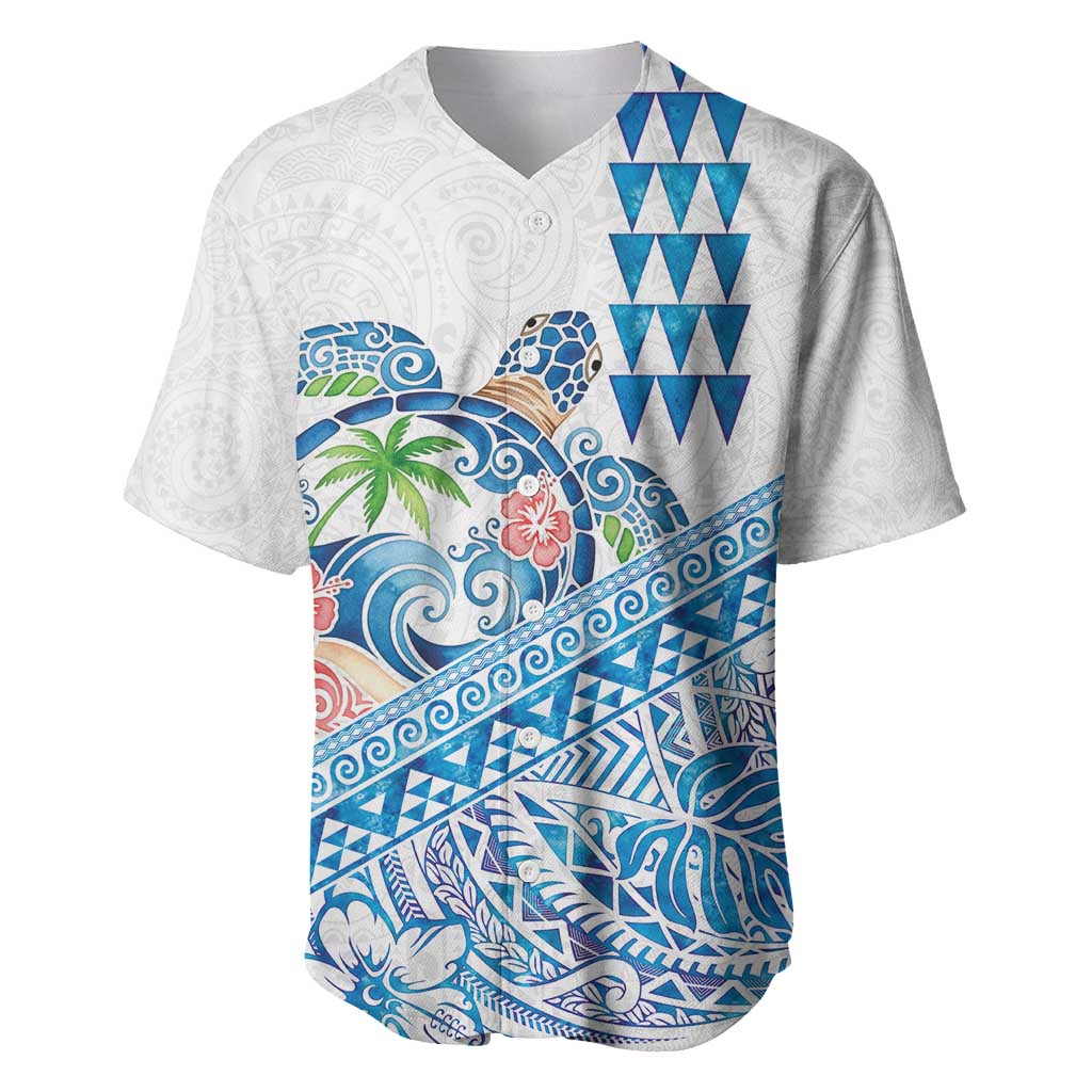 Hawaiian Abstract Sea Turtle Baseball Jersey Polynesian Tapa Art and Kakau Tattoo White WaterColor LT03 White - Polynesian Pride
