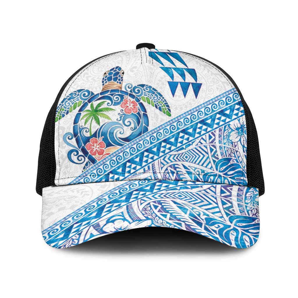 Hawaiian Abstract Sea Turtle Baseball Net Cap Polynesian Tapa Art and Kakau Tattoo White WaterColor LT03 One Size Black White - Polynesian Pride