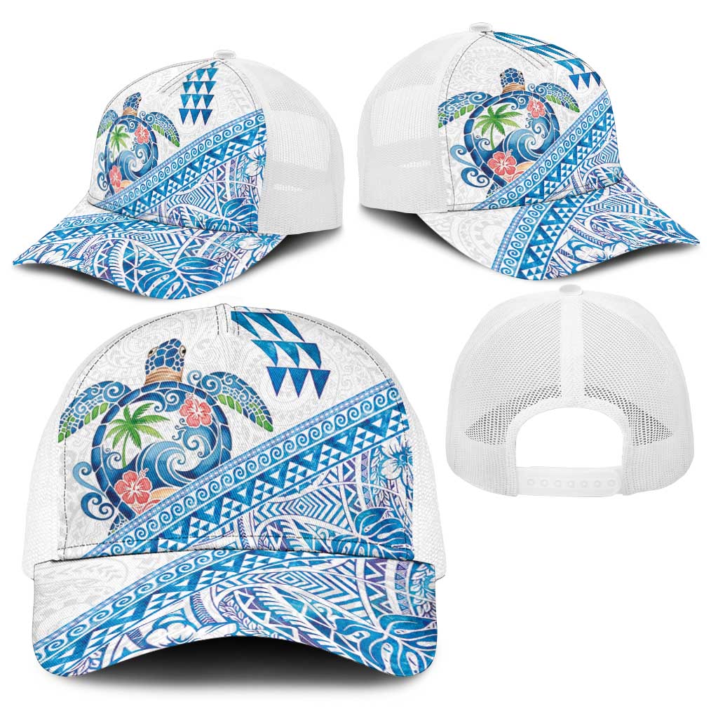 Hawaiian Abstract Sea Turtle Baseball Net Cap Polynesian Tapa Art and Kakau Tattoo White WaterColor LT03 - Polynesian Pride