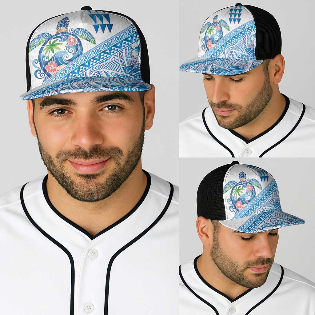 Hawaiian Abstract Sea Turtle Baseball Net Cap Polynesian Tapa Art and Kakau Tattoo White WaterColor LT03 - Polynesian Pride