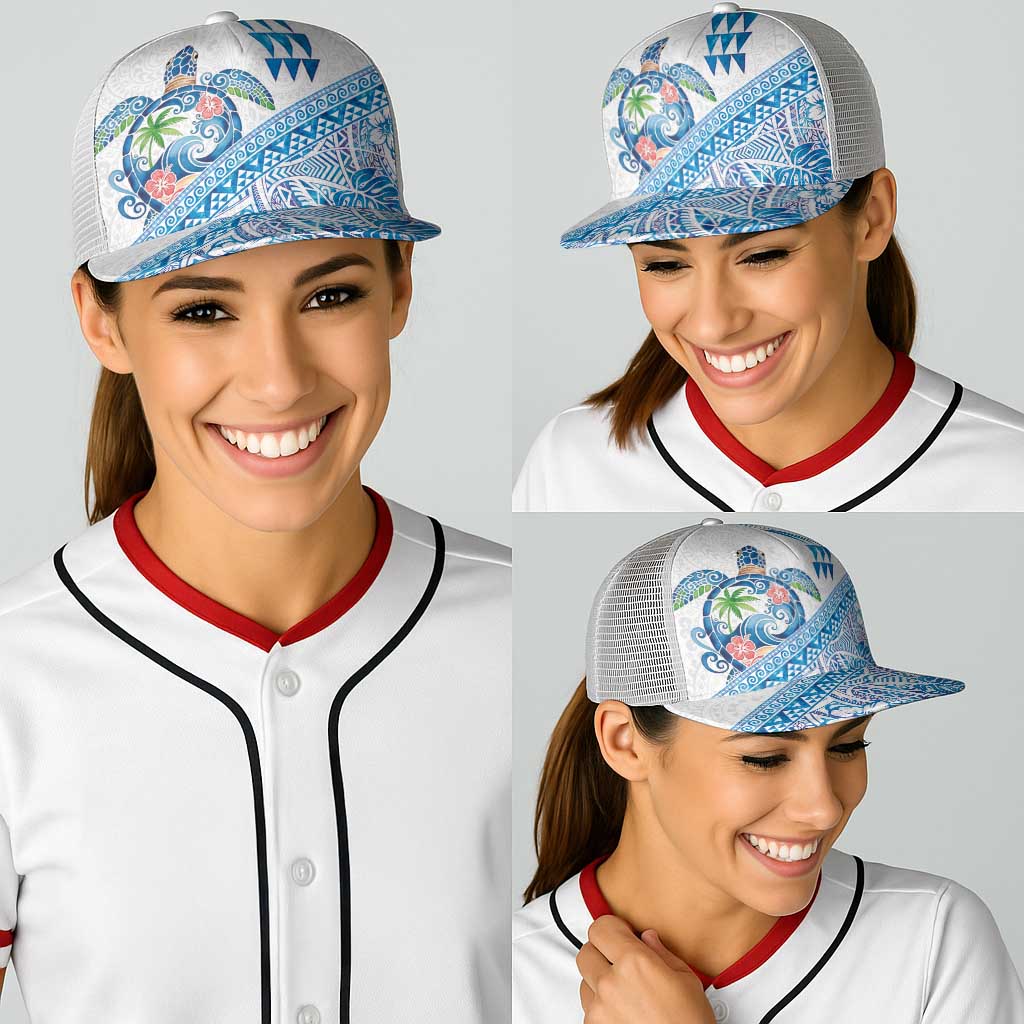 Hawaiian Abstract Sea Turtle Baseball Net Cap Polynesian Tapa Art and Kakau Tattoo White WaterColor LT03 - Polynesian Pride