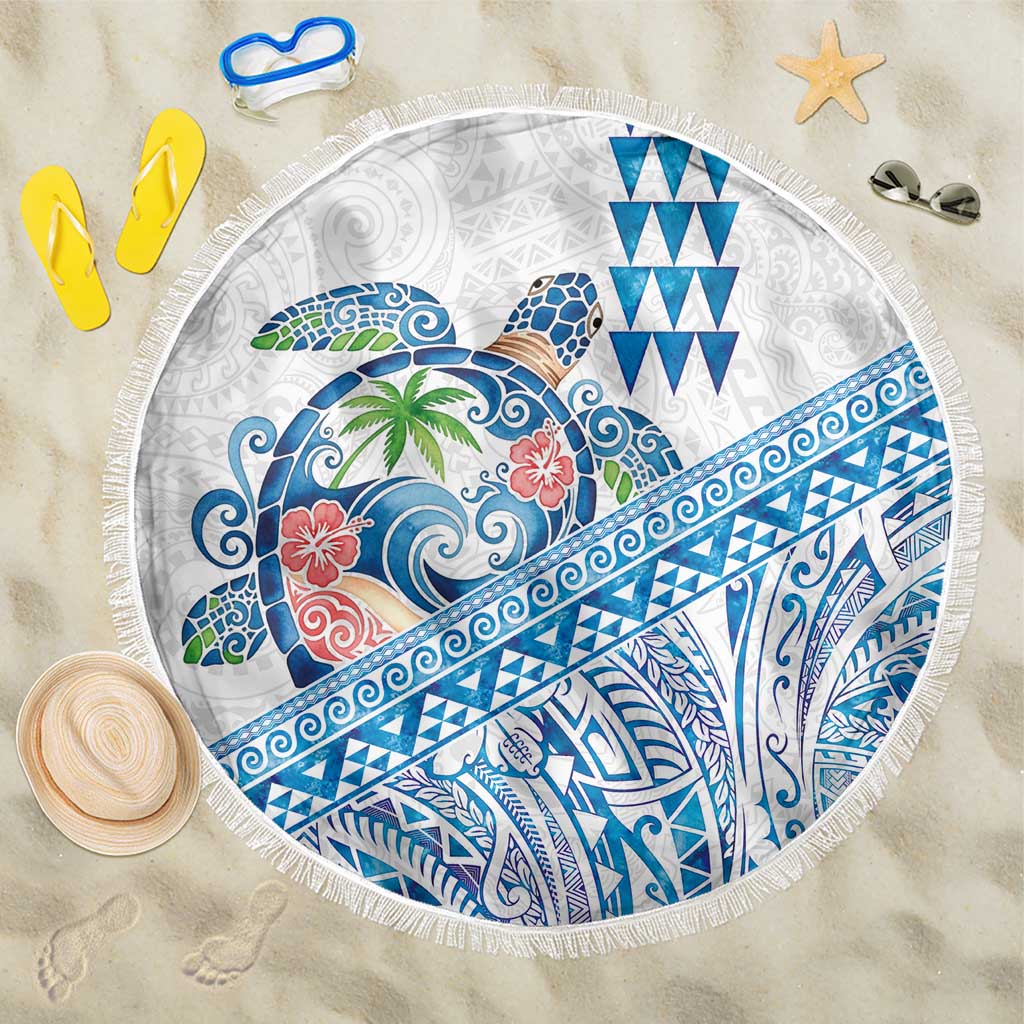 Hawaiian Abstract Sea Turtle Beach Blanket Polynesian Tapa Art and Kakau Tattoo White WaterColor LT03 One Size 150cm White - Polynesian Pride