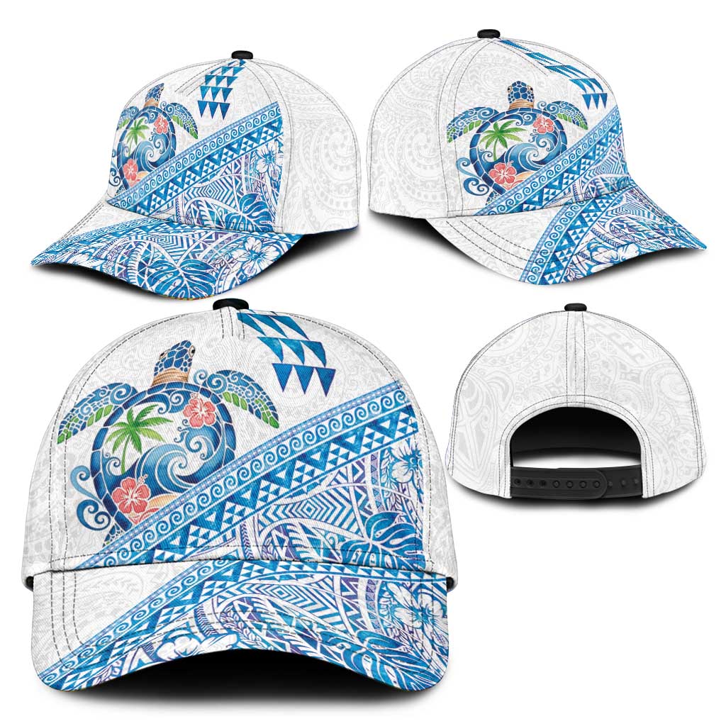 Hawaiian Abstract Sea Turtle Classic Cap Polynesian Tapa Art and Kakau Tattoo White WaterColor LT03 - Polynesian Pride