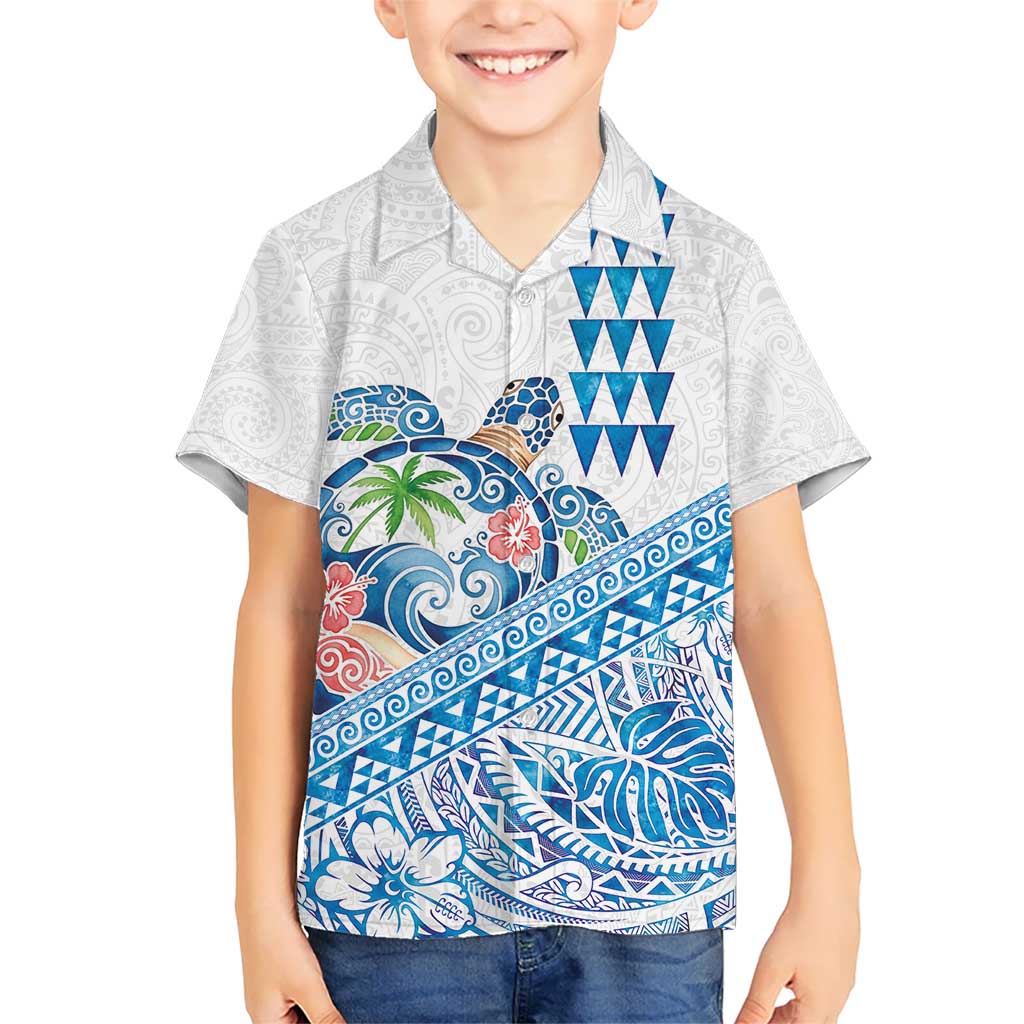 Hawaiian Abstract Sea Turtle Kid Hawaiian Shirt Polynesian Tapa Art and Kakau Tattoo White WaterColor LT03 Kid White - Polynesian Pride