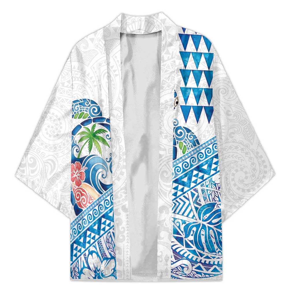 Hawaiian Abstract Sea Turtle Kimono Polynesian Tapa Art and Kakau Tattoo White WaterColor LT03 Unisex White - Polynesian Pride