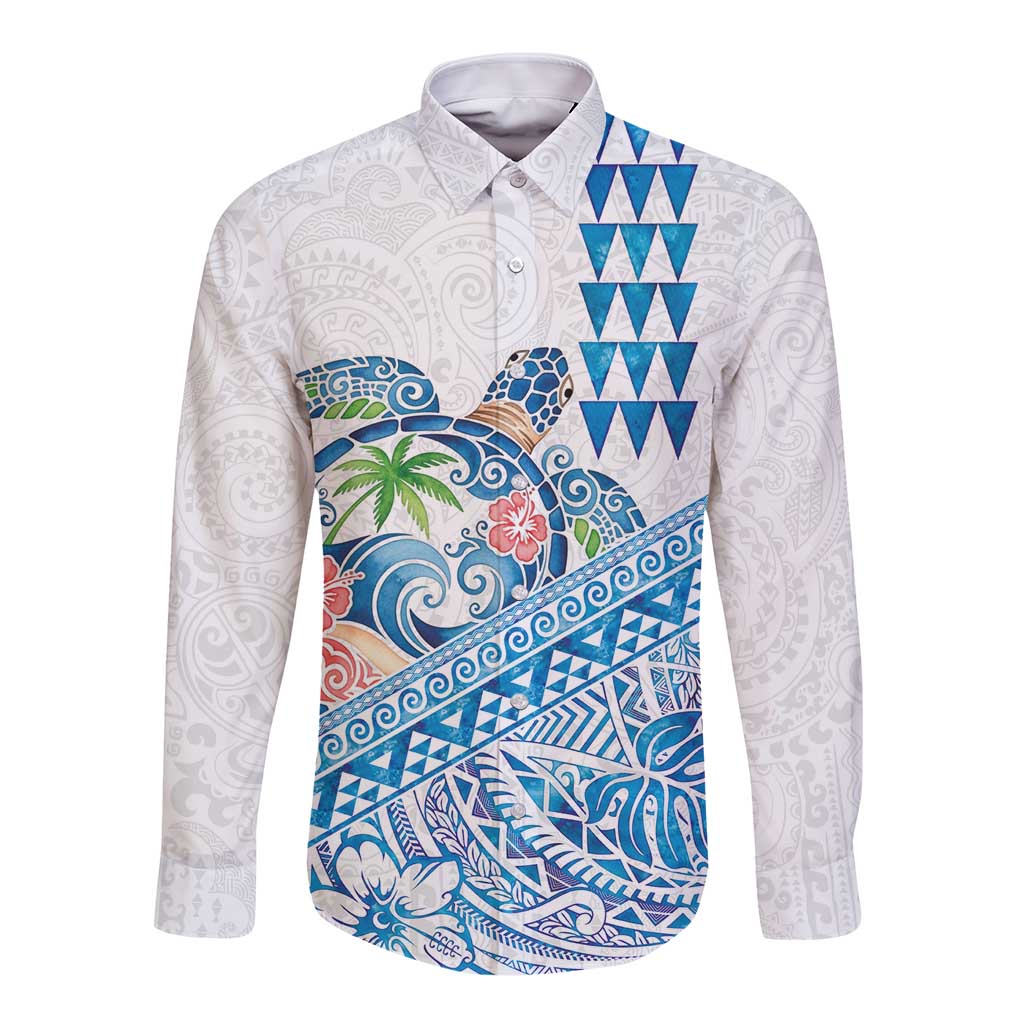 Hawaiian Abstract Sea Turtle Long Sleeve Button Shirt Polynesian Tapa Art and Kakau Tattoo White WaterColor LT03 Unisex White - Polynesian Pride