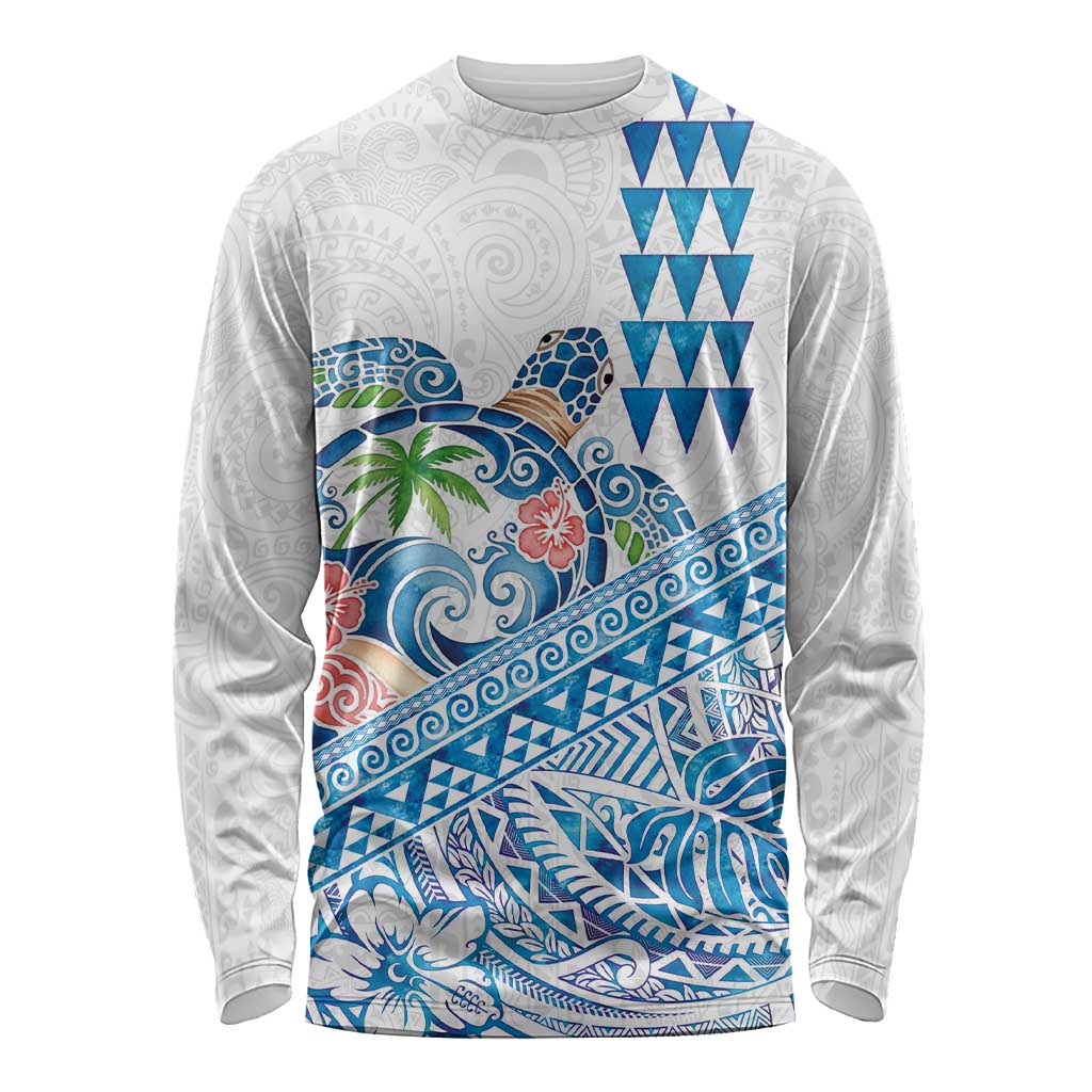 Hawaiian Abstract Sea Turtle Long Sleeve Shirt Polynesian Tapa Art and Kakau Tattoo White WaterColor LT03 Unisex White - Polynesian Pride