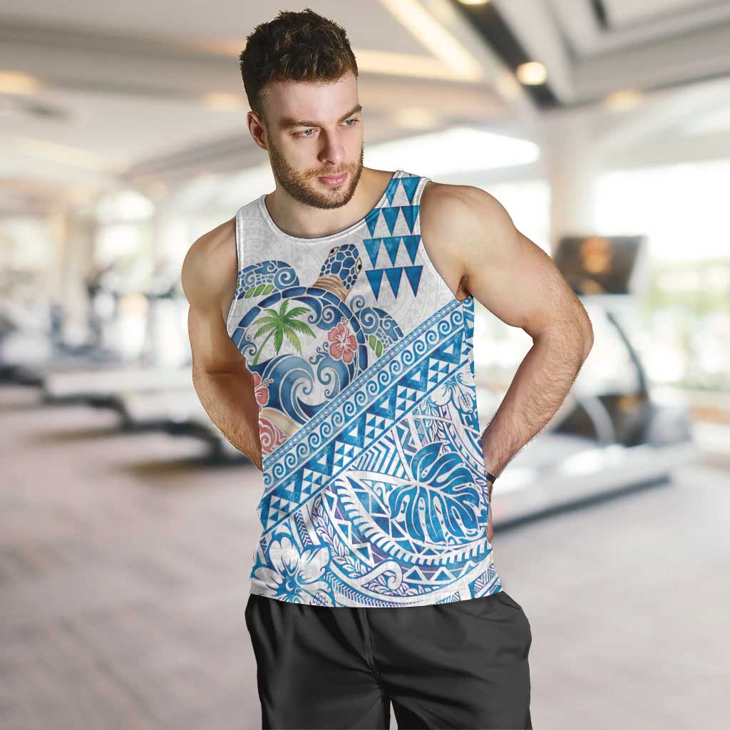 Hawaiian Abstract Sea Turtle Men Tank Top Polynesian Tapa Art and Kakau Tattoo White WaterColor LT03 White - Polynesian Pride