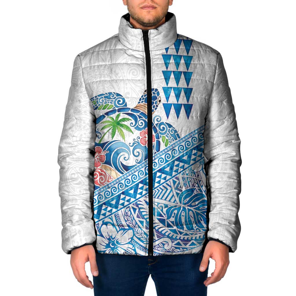 Hawaiian Abstract Sea Turtle Padded Jacket Polynesian Tapa Art and Kakau Tattoo White WaterColor LT03 Men White - Polynesian Pride