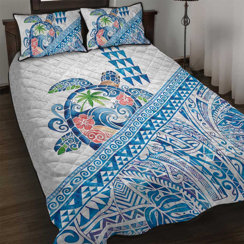 Hawaiian Abstract Sea Turtle Quilt Bed Set Polynesian Tapa Art and Kakau Tattoo White WaterColor LT03 White - Polynesian Pride