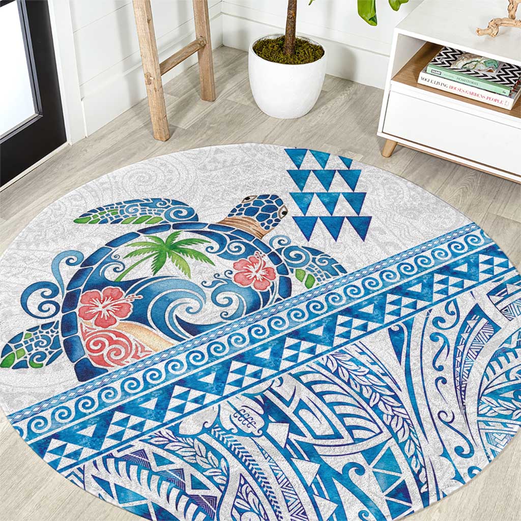 Hawaiian Abstract Sea Turtle Round Carpet Polynesian Tapa Art and Kakau Tattoo White WaterColor LT03 White - Polynesian Pride