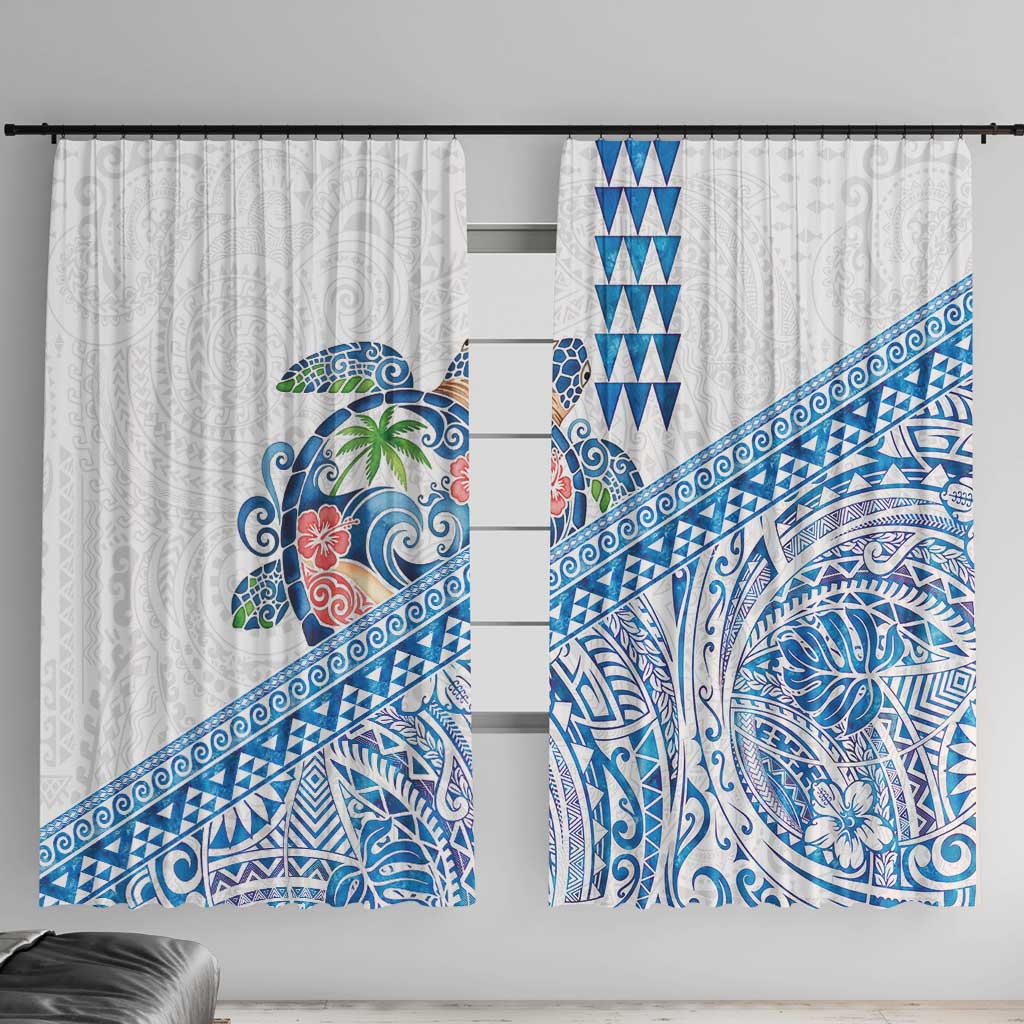 Hawaiian Abstract Sea Turtle Window Curtain Polynesian Tapa Art and Kakau Tattoo White WaterColor LT03 With Hooks White - Polynesian Pride