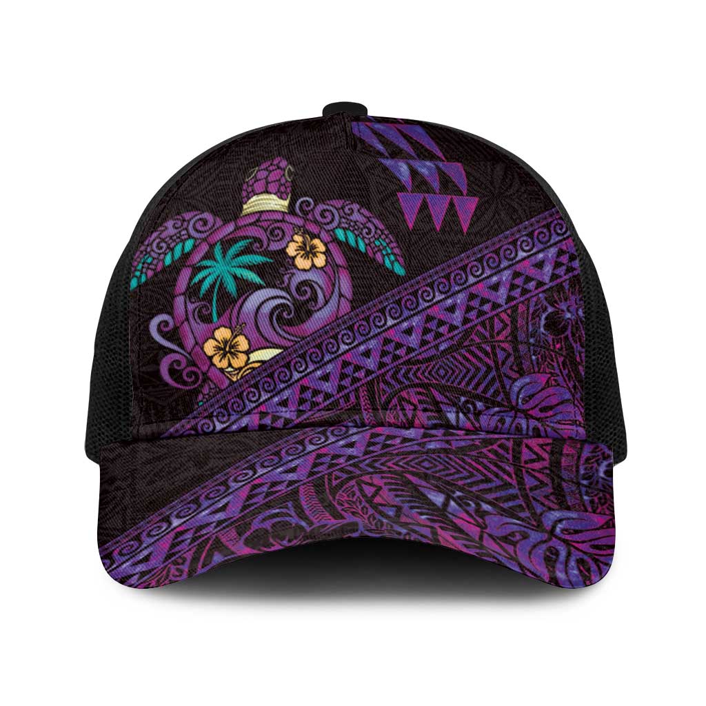 Hawaiian Abstract Sea Turtle Baseball Net Cap Polynesian Tapa Art and Kakau Tattoo Purple WaterColor LT03 One Size Black Black - Polynesian Pride