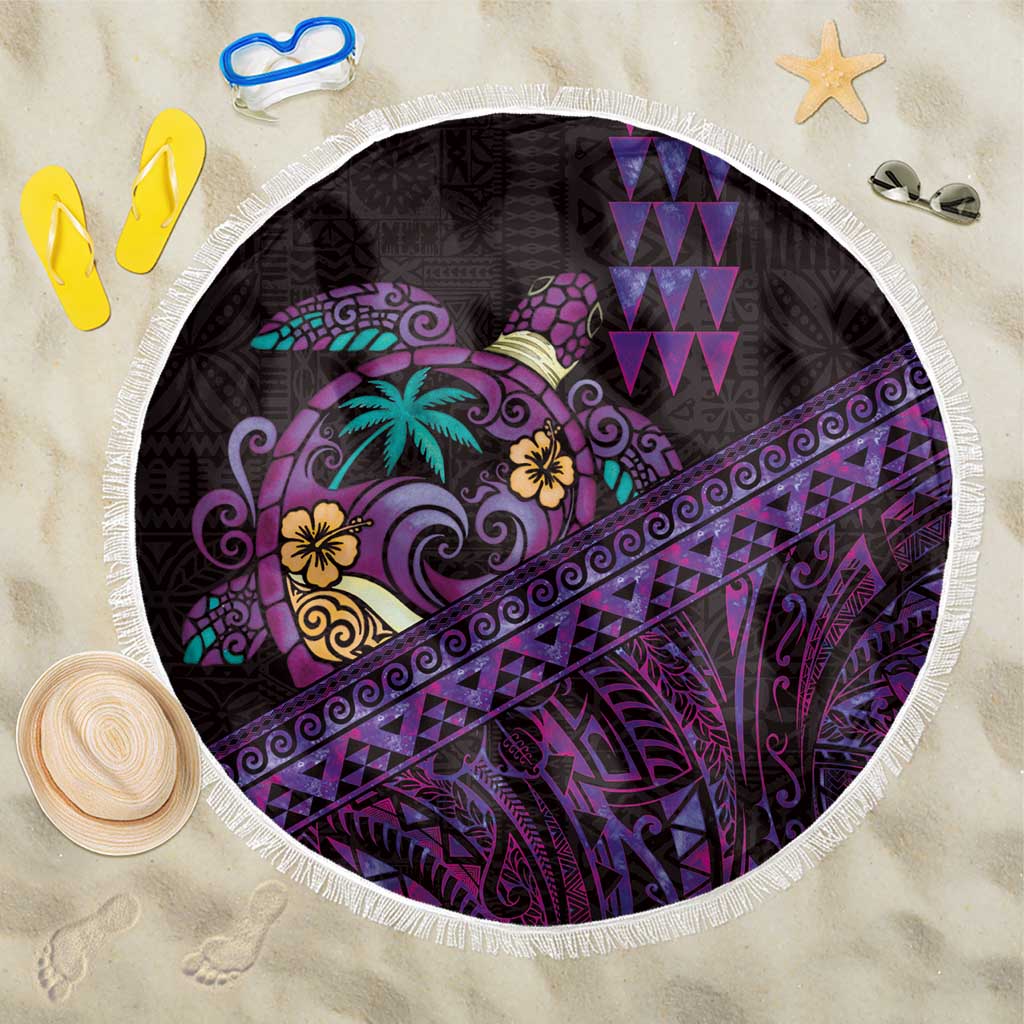 Hawaiian Abstract Sea Turtle Beach Blanket Polynesian Tapa Art and Kakau Tattoo Purple WaterColor LT03 One Size 150cm Black - Polynesian Pride