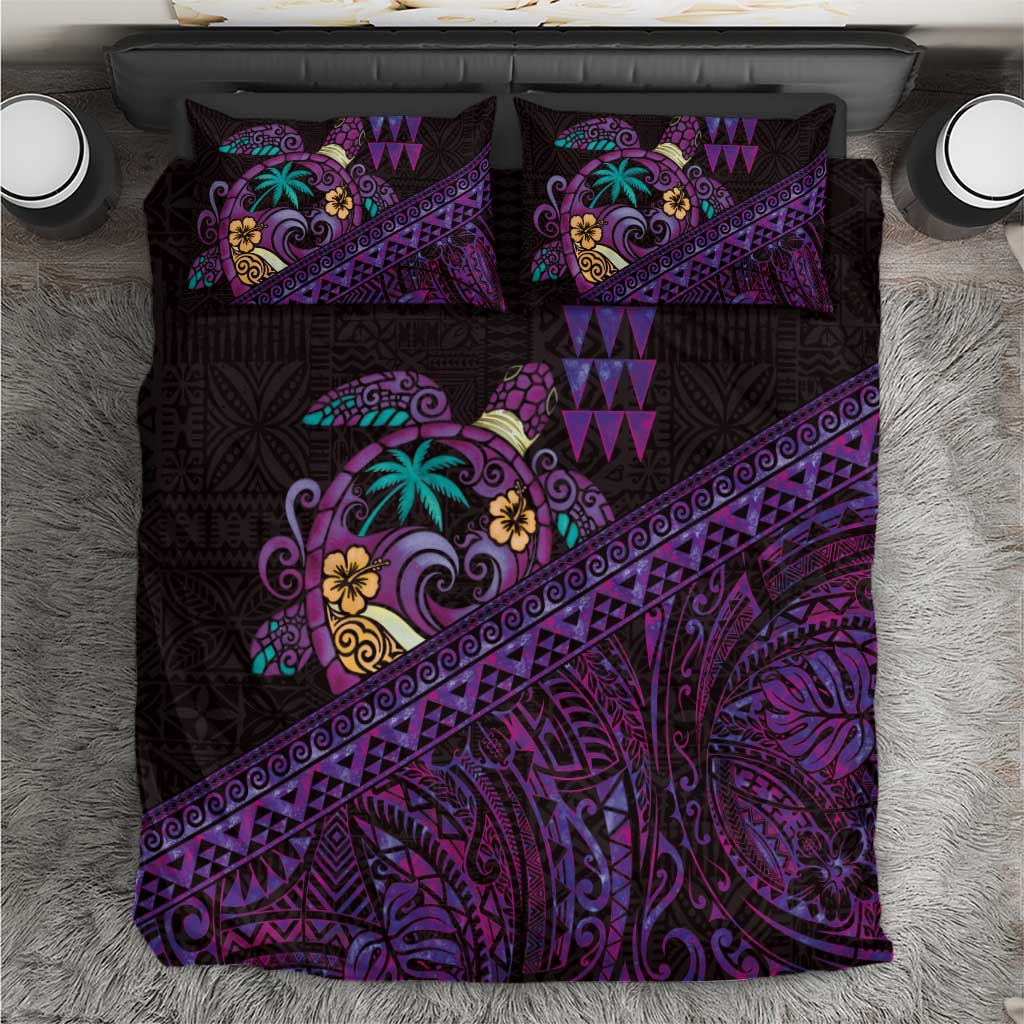 Hawaiian Abstract Sea Turtle Bedding Set Polynesian Tapa Art and Kakau Tattoo Purple WaterColor LT03 Black - Polynesian Pride