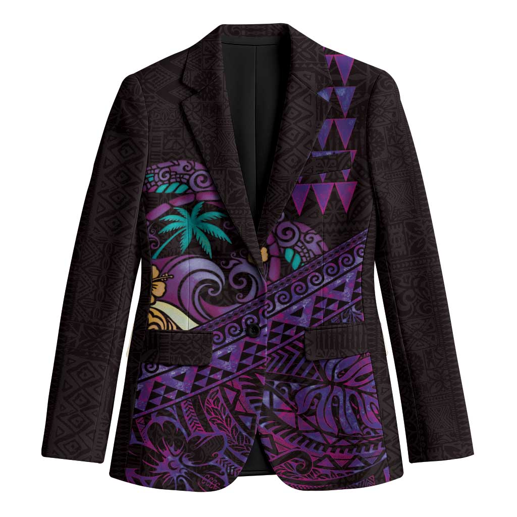 Hawaiian Abstract Sea Turtle Blazer Polynesian Tapa Art and Kakau Tattoo Purple WaterColor LT03 Unisex Black - Polynesian Pride