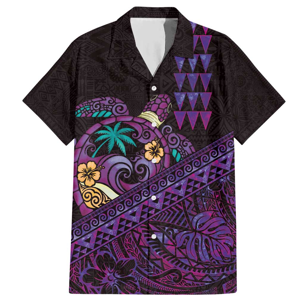 Hawaiian Abstract Sea Turtle Hawaiian Shirt Polynesian Tapa Art and Kakau Tattoo Purple WaterColor LT03 Black - Polynesian Pride