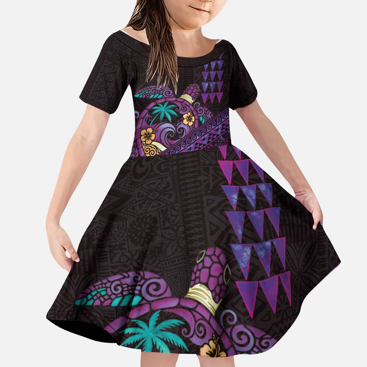 Hawaiian Abstract Sea Turtle Kid Short Sleeve Dress Polynesian Tapa Art and Kakau Tattoo Purple WaterColor LT03 KID Black - Polynesian Pride