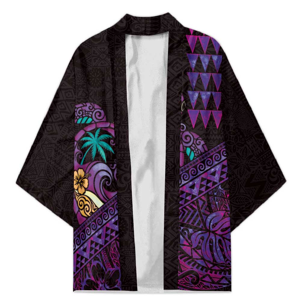 Hawaiian Abstract Sea Turtle Kimono Polynesian Tapa Art and Kakau Tattoo Purple WaterColor LT03 Unisex Black - Polynesian Pride