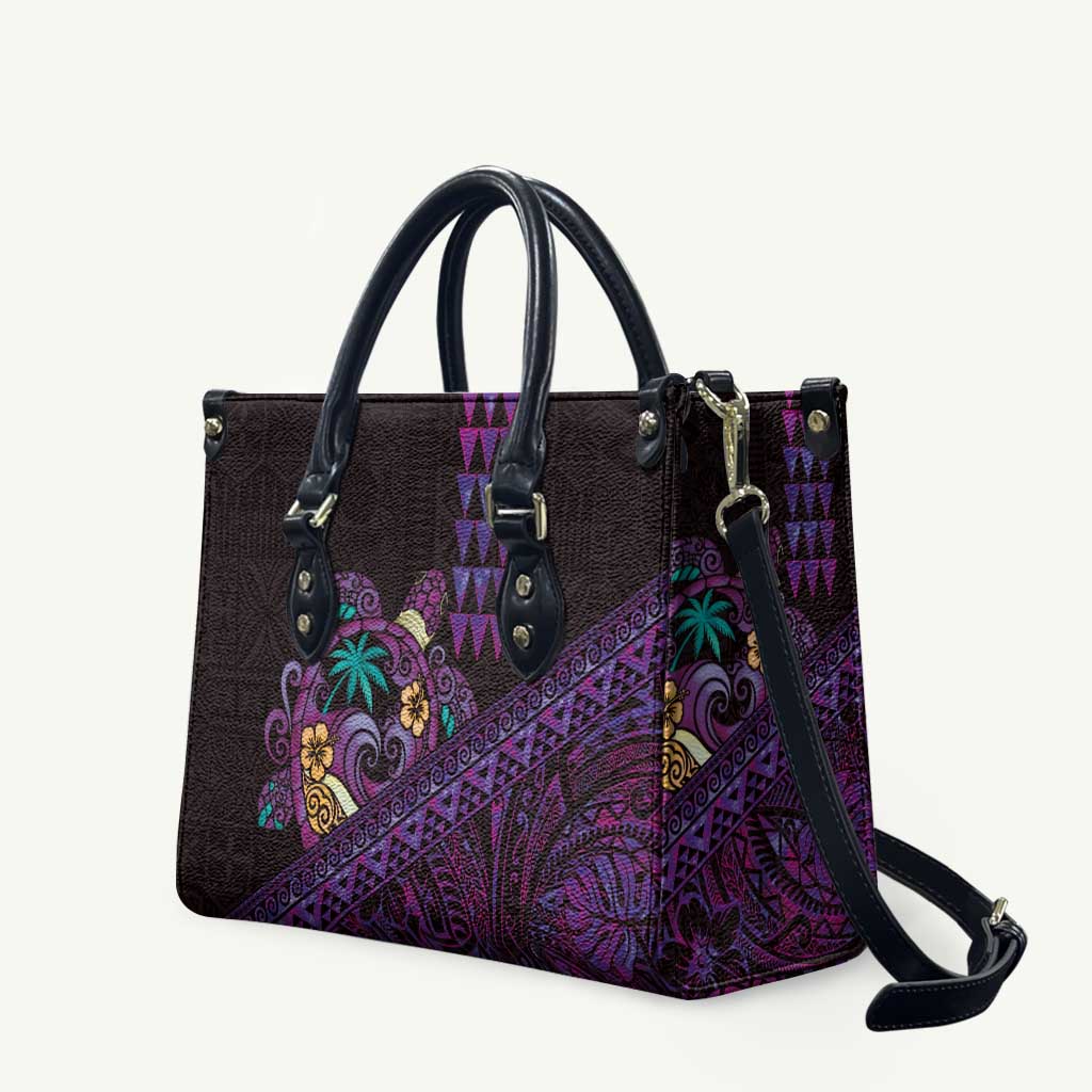 Hawaiian Abstract Sea Turtle Leather Bag Polynesian Tapa Art and Kakau Tattoo Purple WaterColor LT03 Black - Polynesian Pride