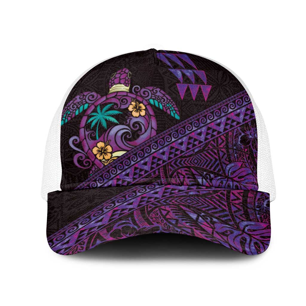 Hawaiian Abstract Sea Turtle Mesh Trucker Cap Polynesian Tapa Art and Kakau Tattoo Purple WaterColor LT03 One Size White Black - Polynesian Pride