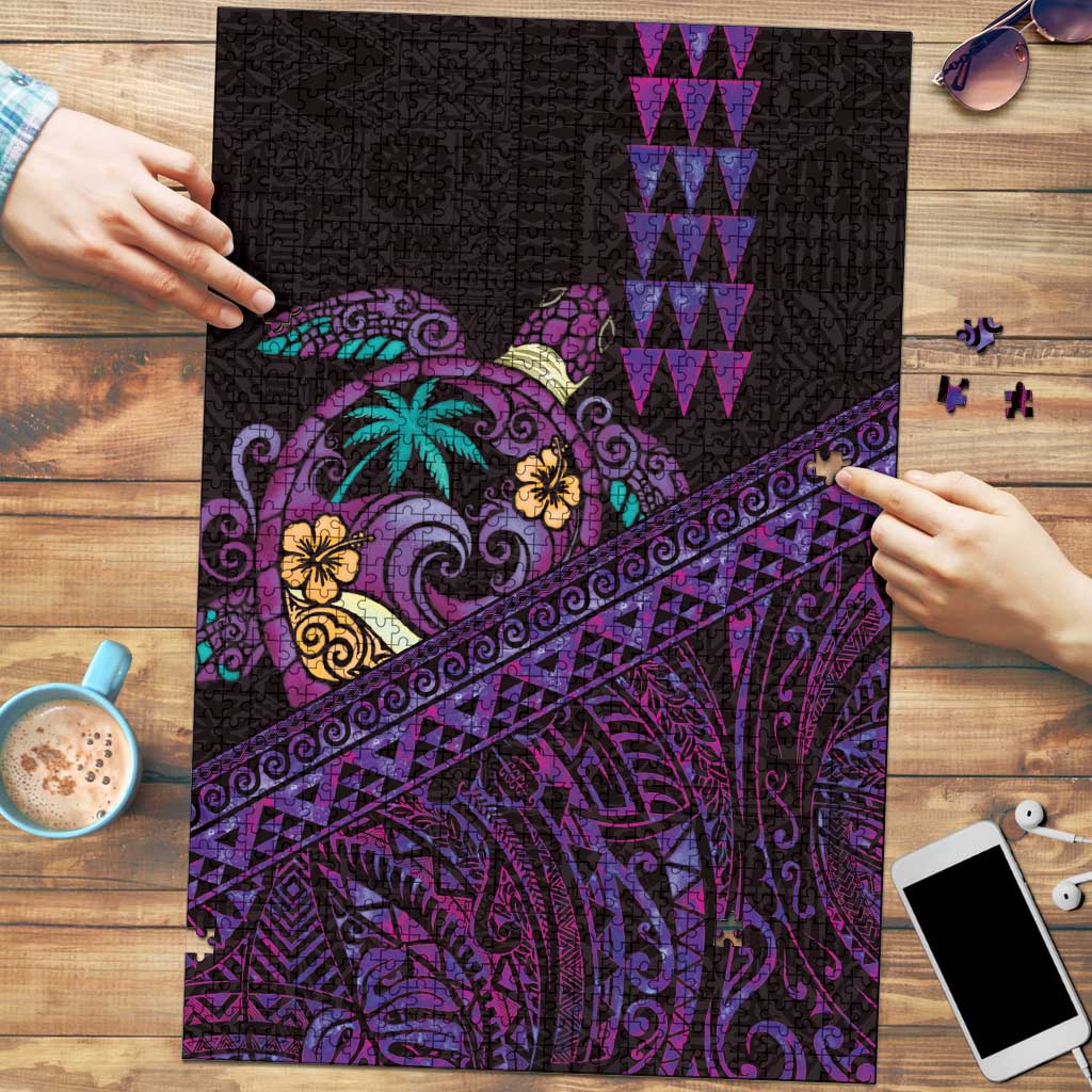 Hawaiian Abstract Sea Turtle Puzzle Polynesian Tapa Art and Kakau Tattoo Purple WaterColor LT03 Black - Polynesian Pride