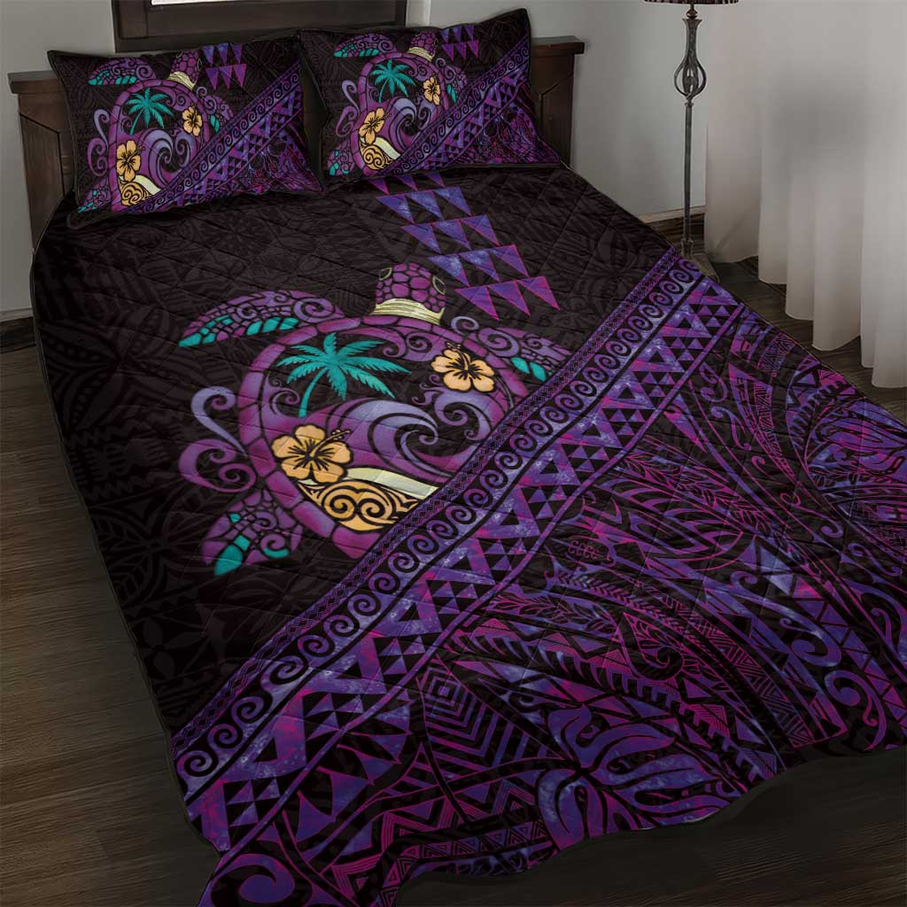 Hawaiian Abstract Sea Turtle Quilt Bed Set Polynesian Tapa Art and Kakau Tattoo Purple WaterColor LT03 Black - Polynesian Pride