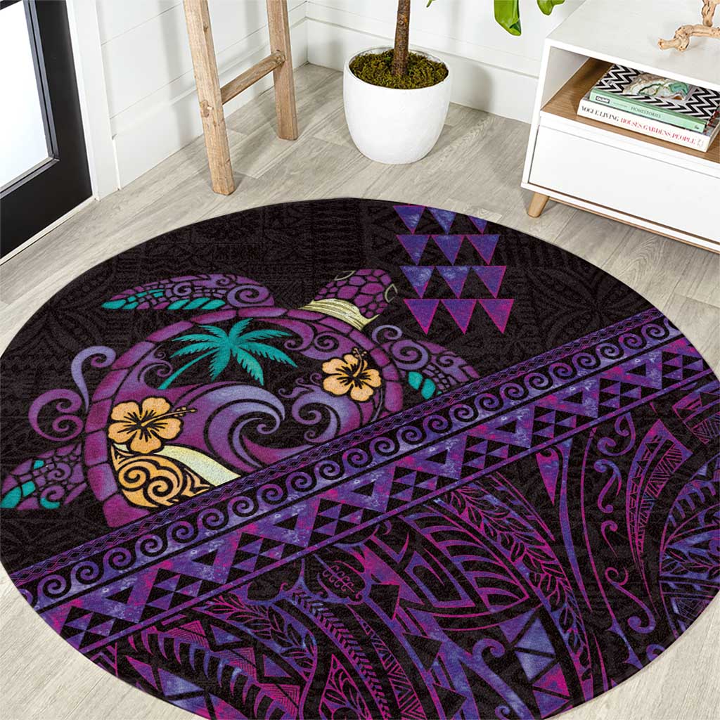 Hawaiian Abstract Sea Turtle Round Carpet Polynesian Tapa Art and Kakau Tattoo Purple WaterColor LT03 Black - Polynesian Pride