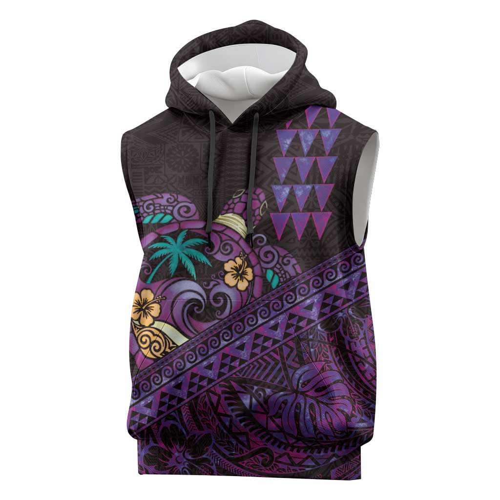 Hawaiian Abstract Sea Turtle Sleeveless Hoodie Polynesian Tapa Art and Kakau Tattoo Purple WaterColor LT03 Black - Polynesian Pride