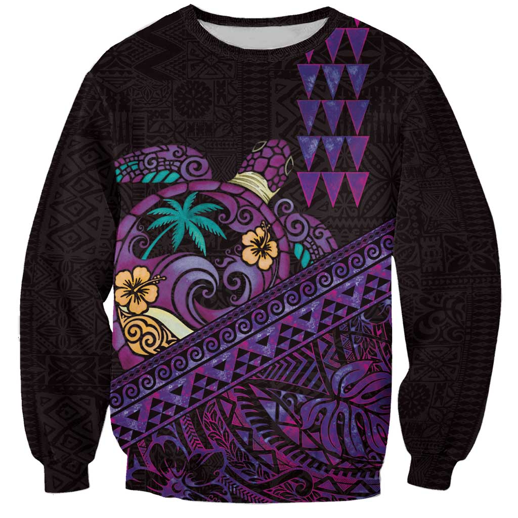 Hawaiian Abstract Sea Turtle Sweatshirt Polynesian Tapa Art and Kakau Tattoo Purple WaterColor LT03 Unisex Black - Polynesian Pride