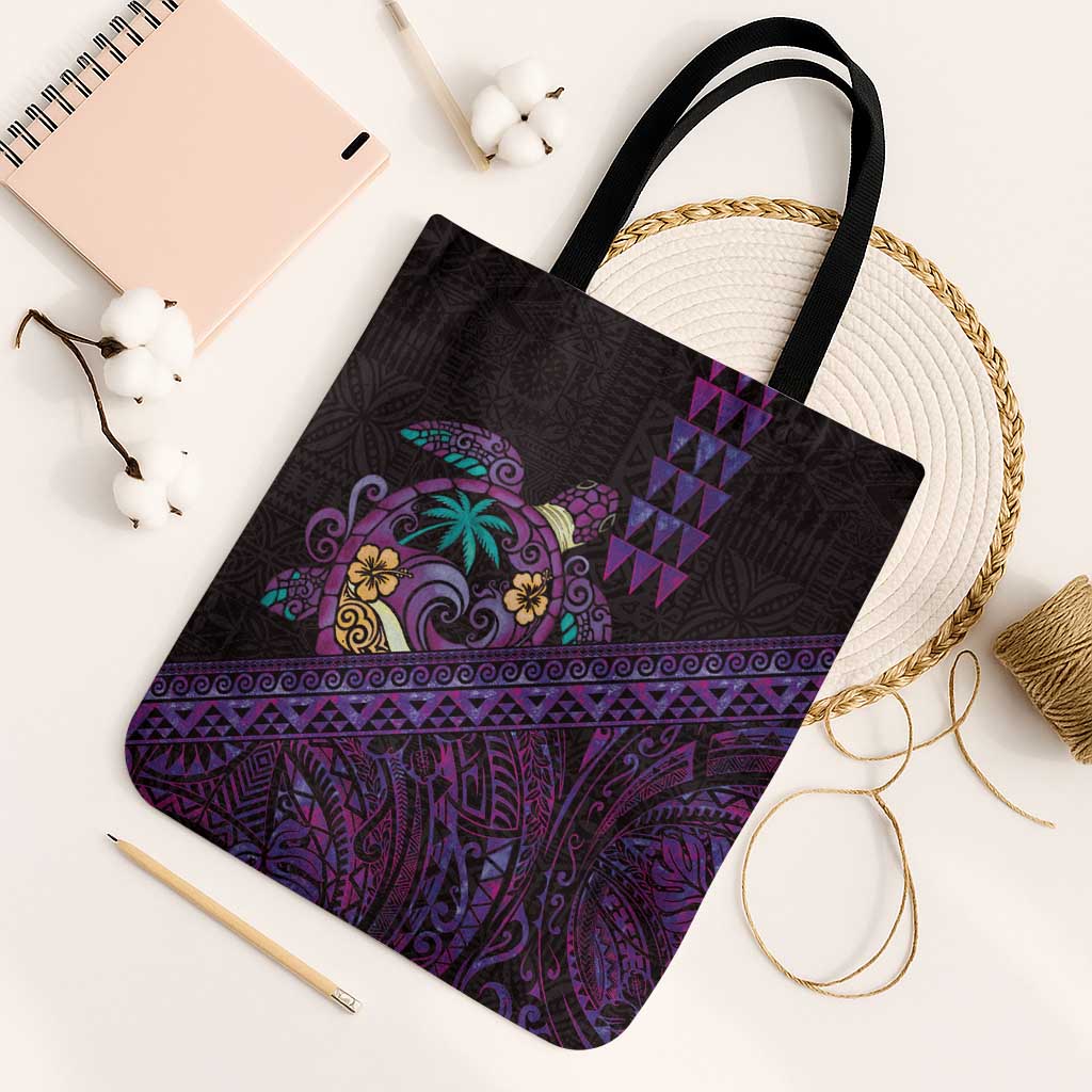 Hawaiian Abstract Sea Turtle Tote Bag Polynesian Tapa Art and Kakau Tattoo Purple WaterColor LT03 Black Strap One Size Black - Polynesian Pride