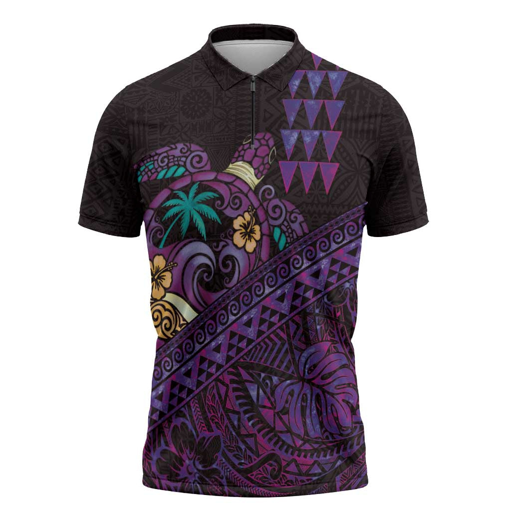 Hawaiian Abstract Sea Turtle Zipper Polo Shirt Polynesian Tapa Art and Kakau Tattoo Purple WaterColor LT03 Black - Polynesian Pride