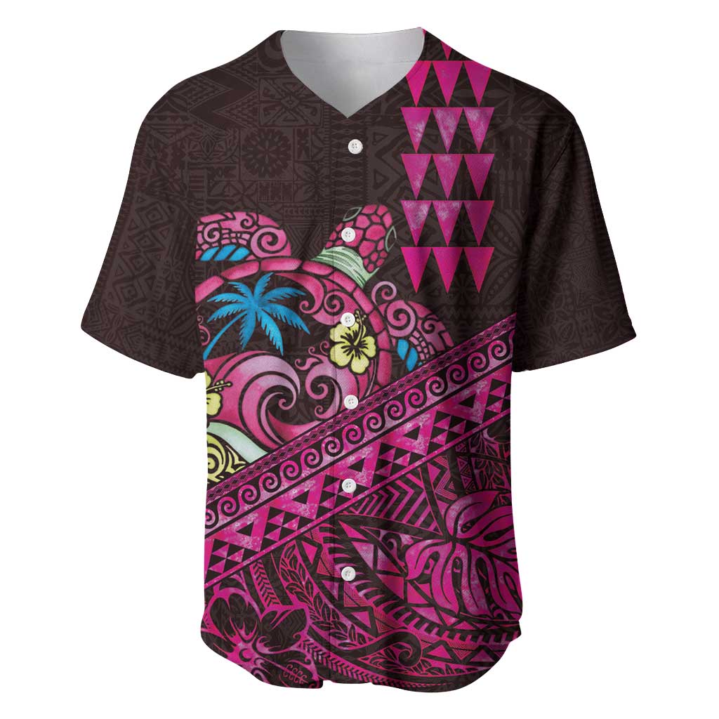Hawaiian Abstract Sea Turtle Baseball Jersey Polynesian Tapa Art and Kakau Tattoo Pink WaterColor LT03 Black - Polynesian Pride