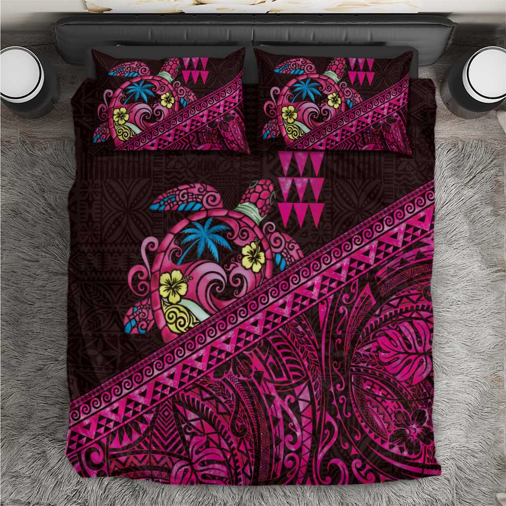 Hawaiian Abstract Sea Turtle Bedding Set Polynesian Tapa Art and Kakau Tattoo Pink WaterColor LT03 Black - Polynesian Pride