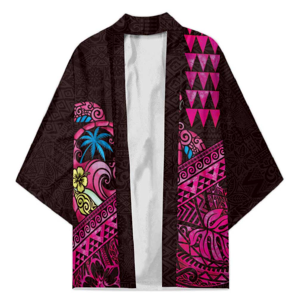 Hawaiian Abstract Sea Turtle Kimono Polynesian Tapa Art and Kakau Tattoo Pink WaterColor LT03 Unisex Black - Polynesian Pride