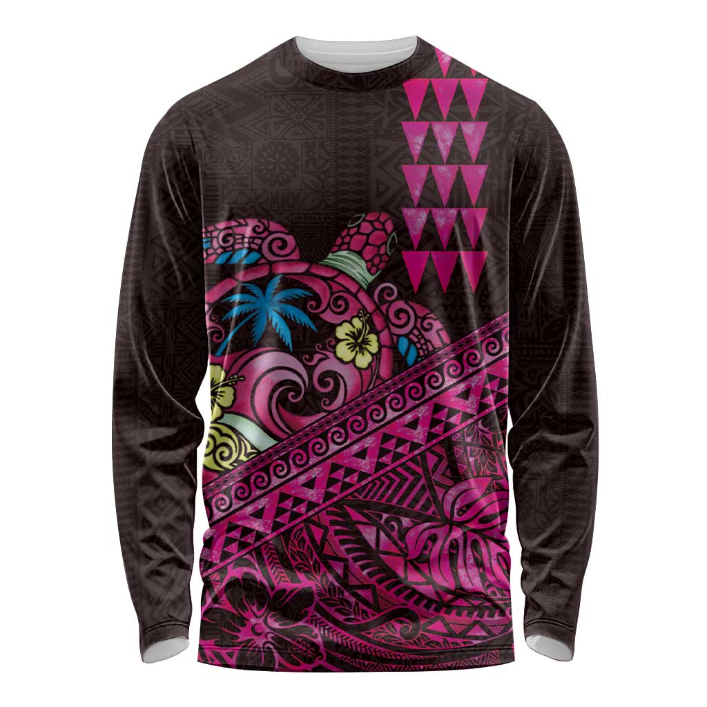 Hawaiian Abstract Sea Turtle Long Sleeve Shirt Polynesian Tapa Art and Kakau Tattoo Pink WaterColor LT03 Unisex Black - Polynesian Pride