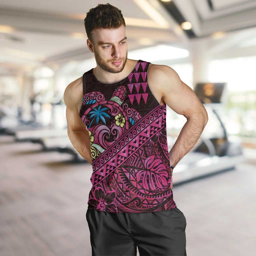 Hawaiian Abstract Sea Turtle Men Tank Top Polynesian Tapa Art and Kakau Tattoo Pink WaterColor LT03 Black - Polynesian Pride