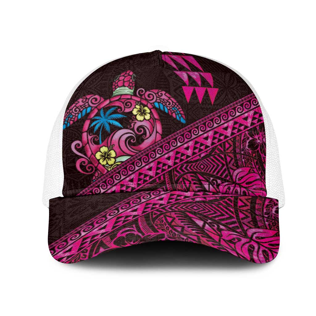 Hawaiian Abstract Sea Turtle Mesh Trucker Cap Polynesian Tapa Art and Kakau Tattoo Pink WaterColor LT03 One Size White Black - Polynesian Pride