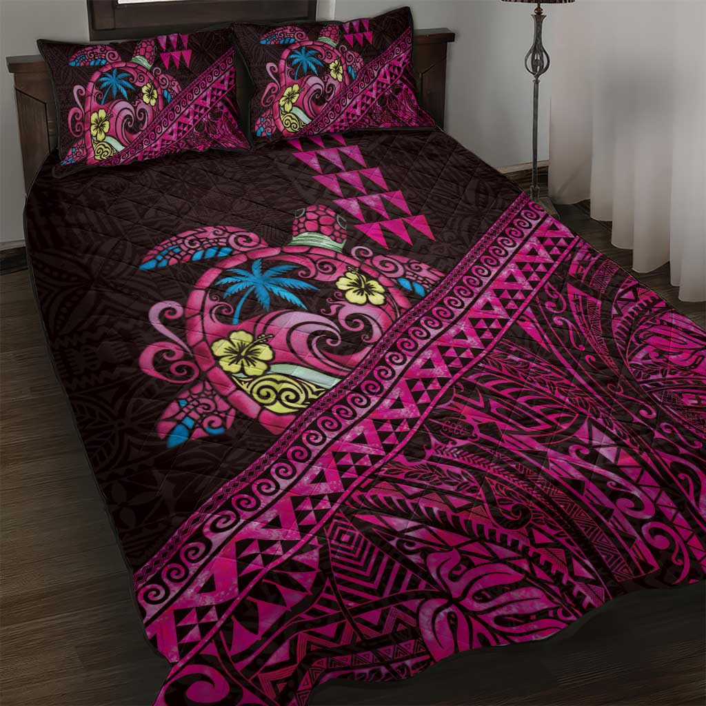 Hawaiian Abstract Sea Turtle Quilt Bed Set Polynesian Tapa Art and Kakau Tattoo Pink WaterColor LT03 Black - Polynesian Pride