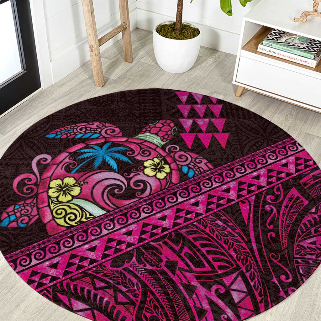 Hawaiian Abstract Sea Turtle Round Carpet Polynesian Tapa Art and Kakau Tattoo Pink WaterColor LT03 Black - Polynesian Pride