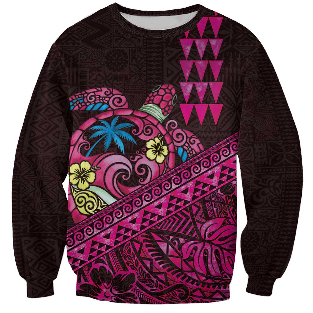 Hawaiian Abstract Sea Turtle Sweatshirt Polynesian Tapa Art and Kakau Tattoo Pink WaterColor LT03 Unisex Black - Polynesian Pride