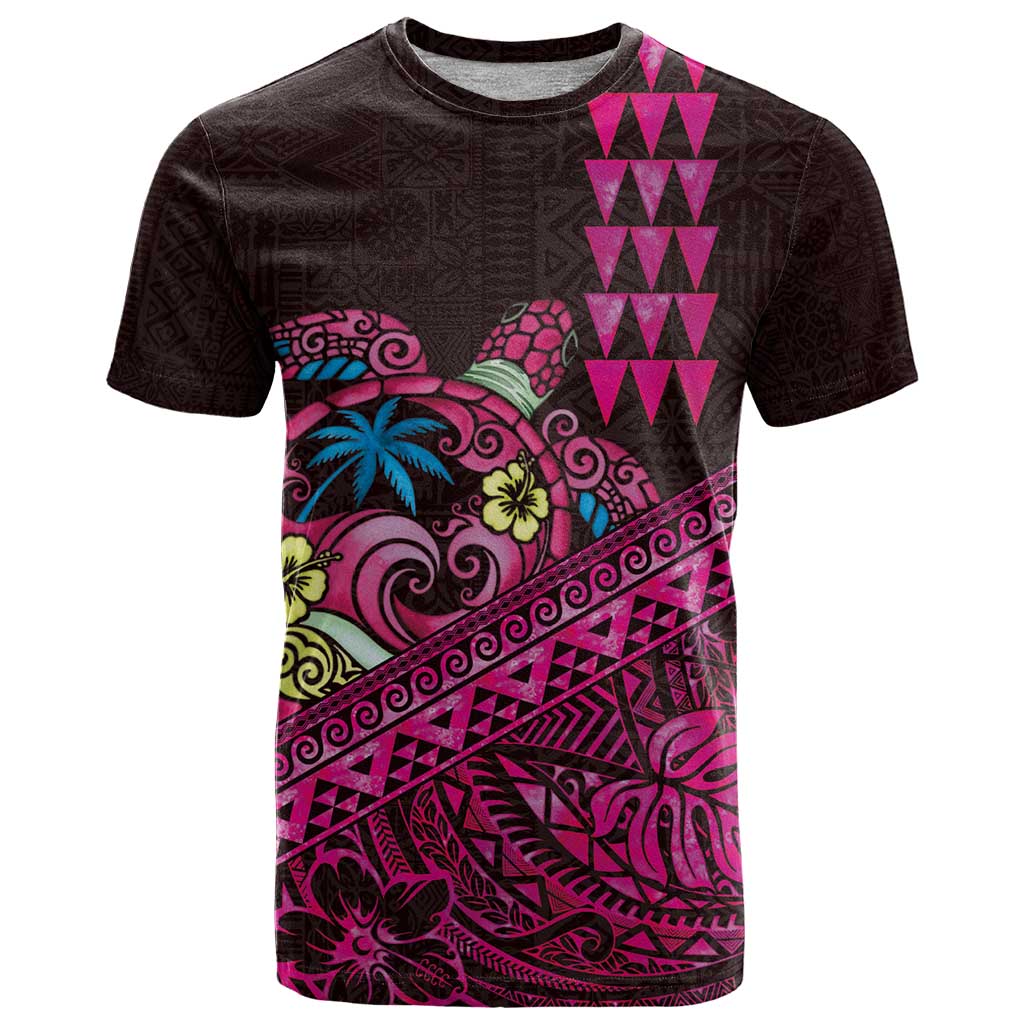 Hawaiian Abstract Sea Turtle T Shirt Polynesian Tapa Art and Kakau Tattoo Pink WaterColor LT03 Black - Polynesian Pride