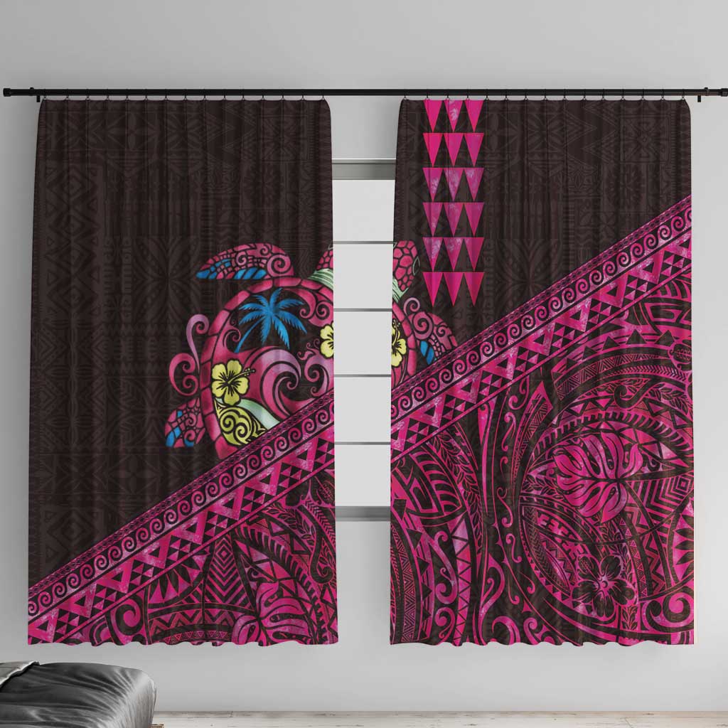 Hawaiian Abstract Sea Turtle Window Curtain Polynesian Tapa Art and Kakau Tattoo Pink WaterColor LT03 With Hooks Black - Polynesian Pride
